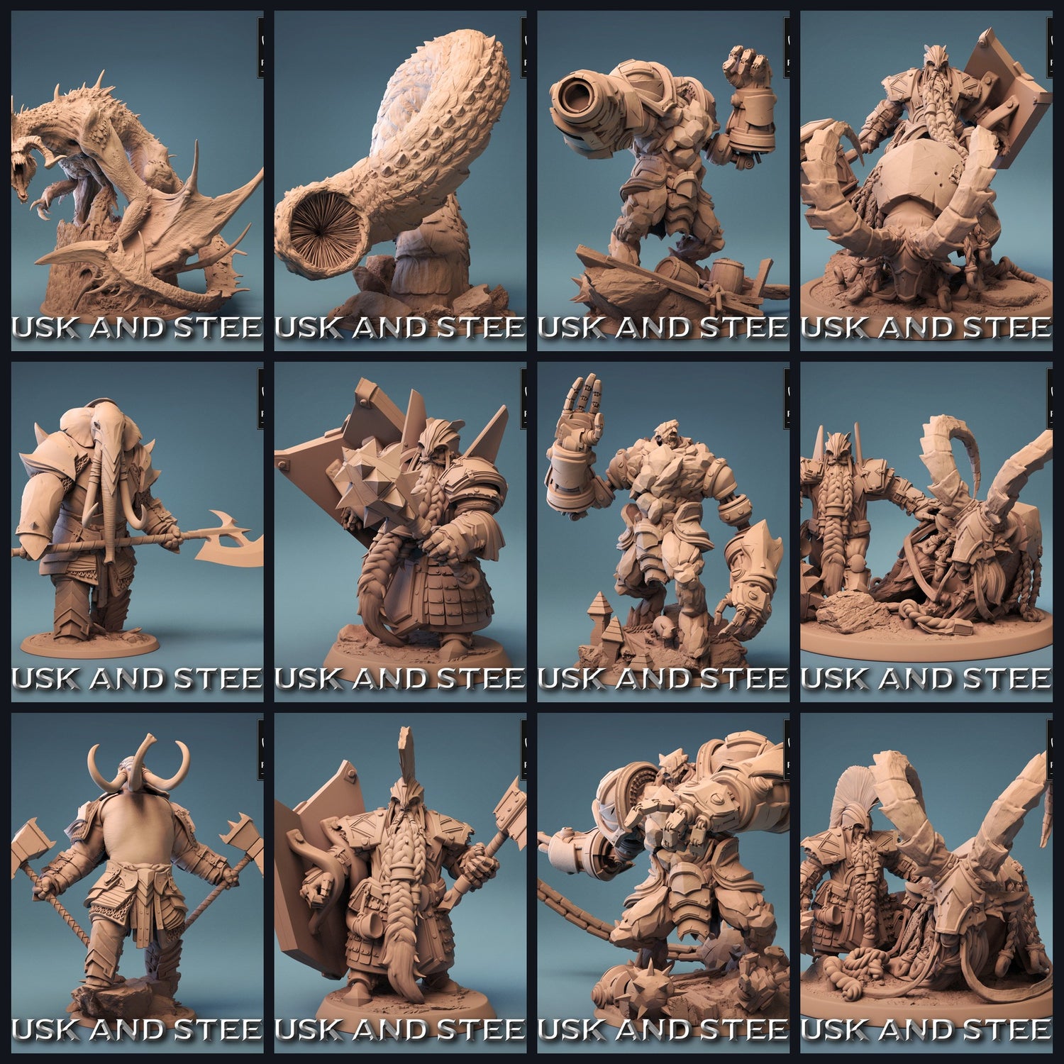 Dieses Bild ist das Kategoriebild für das Release 23_08: Tusk And Steel – Rescale Miniaturen: Bestien, Zwerge, Golems