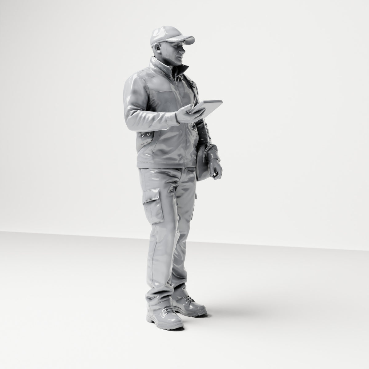 Diorama Modellbau Produktfoto 3: Stehende Figur: Paketbote mit Kappe, Umhängetasche & Handgerät (B048)