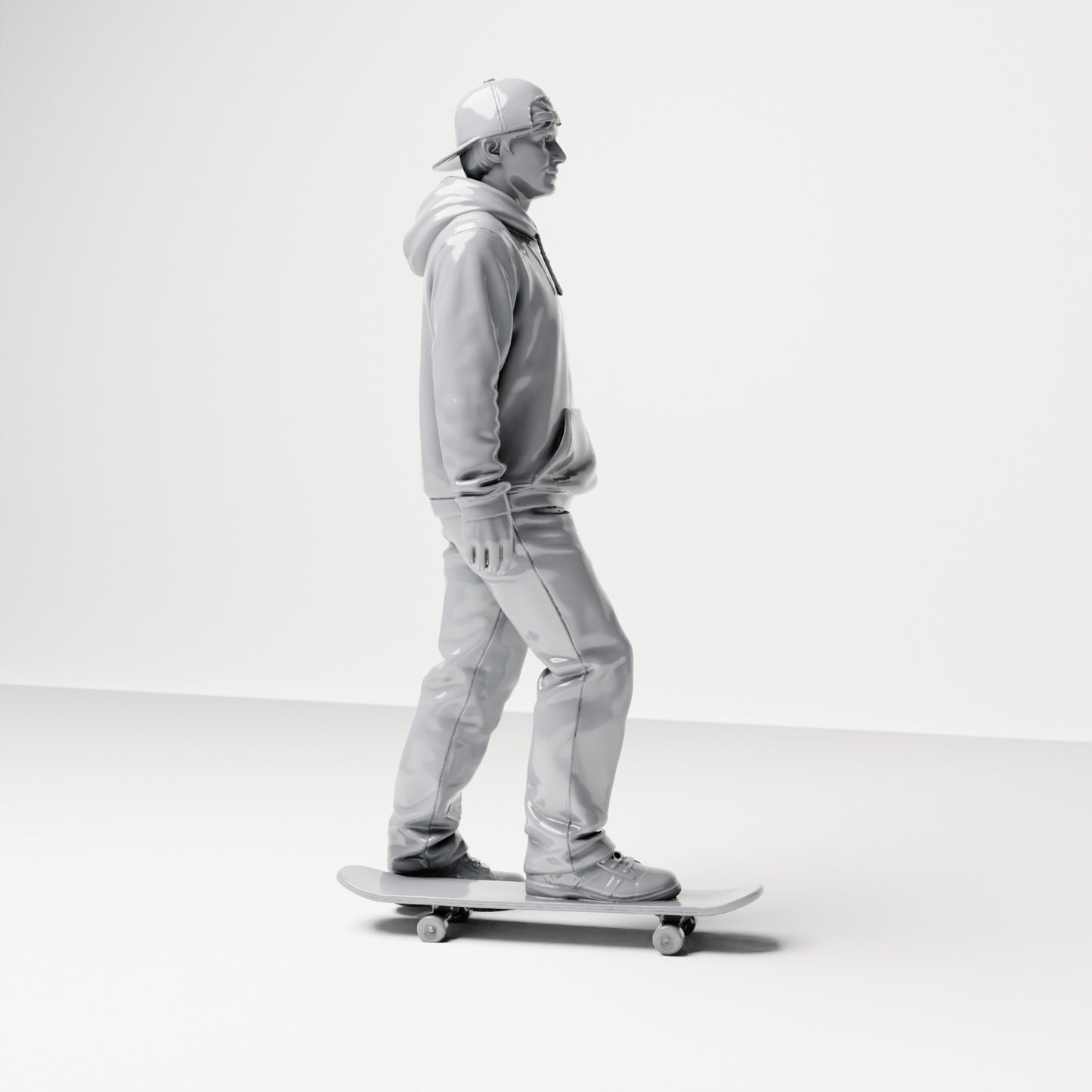 Diorama Modellbau Produktfoto 3: Stehende Figur: Skater mit Kappe, Kapuzenpullover & Skateboard (B054)