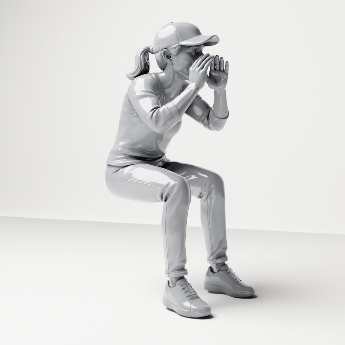 Diorama Modellbau Produktfoto 3: Sitzende Figur: Zuschauer mit Händen am Mund rufend (B062)