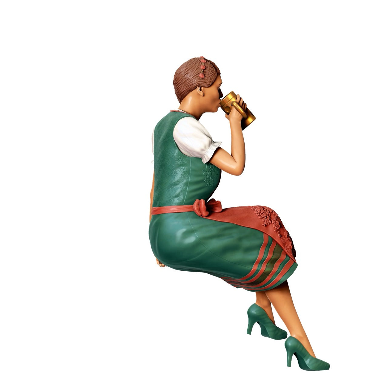 Miniatur Figur Oktoberfest: Wiesen Gäste: Sitzende Frau mit traditionellem Dirndl Outfit und Bier Krug (Nr. 291)