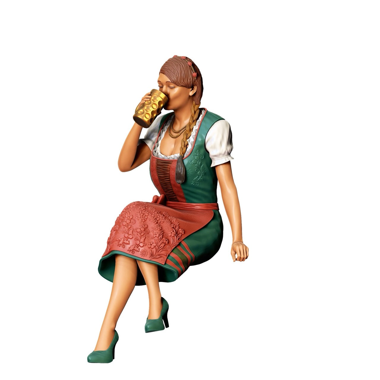 Miniatur Figur Oktoberfest: Wiesen Gäste: Sitzende Frau mit traditionellem Dirndl Outfit und Bier Krug (Nr. 291)