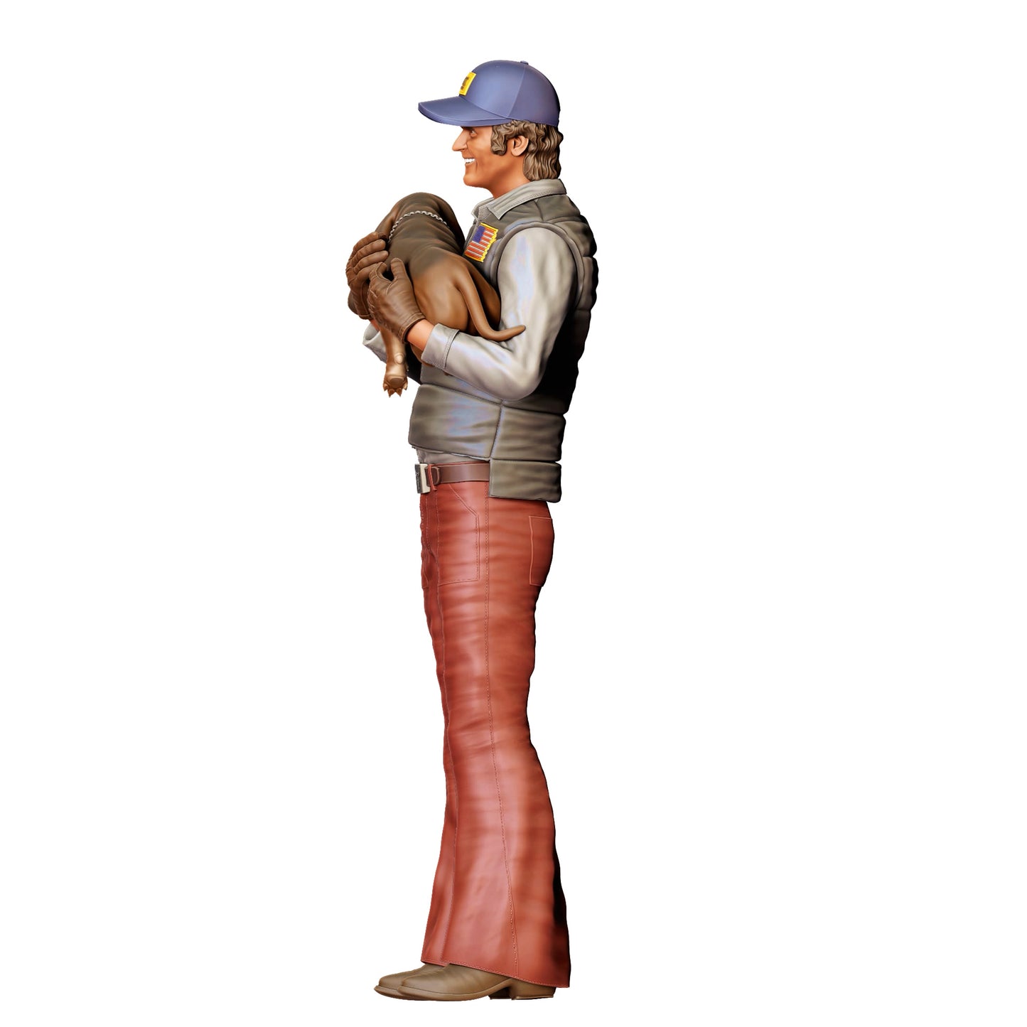 Diorama Modellbau Produktfoto 0: Mann mit Hund auf dem Arm – Figur in Arbeitskleidung mit Basecap (Ref. Nr. 401)