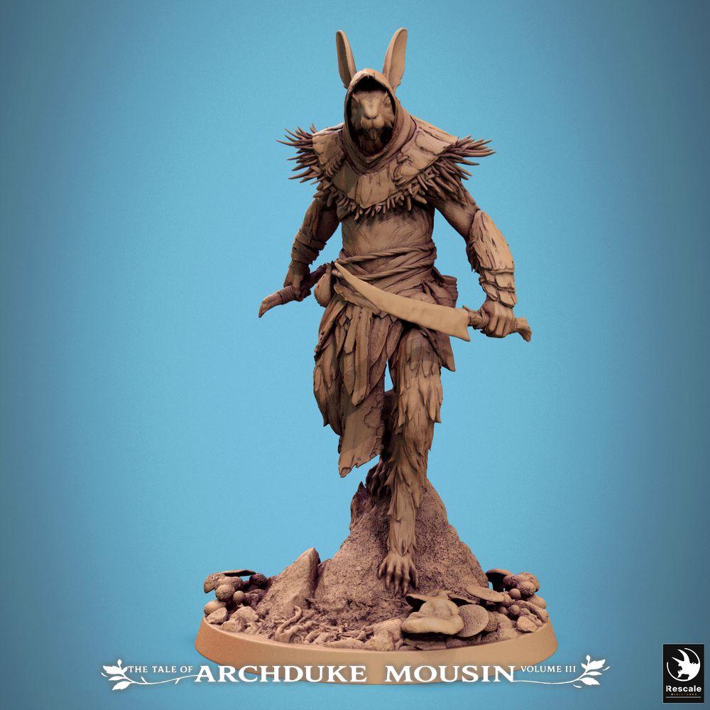 Produktfoto Tabletop 28mm Lord of the Print (LotP) 0: Tabletop Miniatur: Hasenmensch Assassine / Waldläufer-Scout, Schurke mit Krummsäbel und Kapuze, Felsen-Base (25_07_N1)