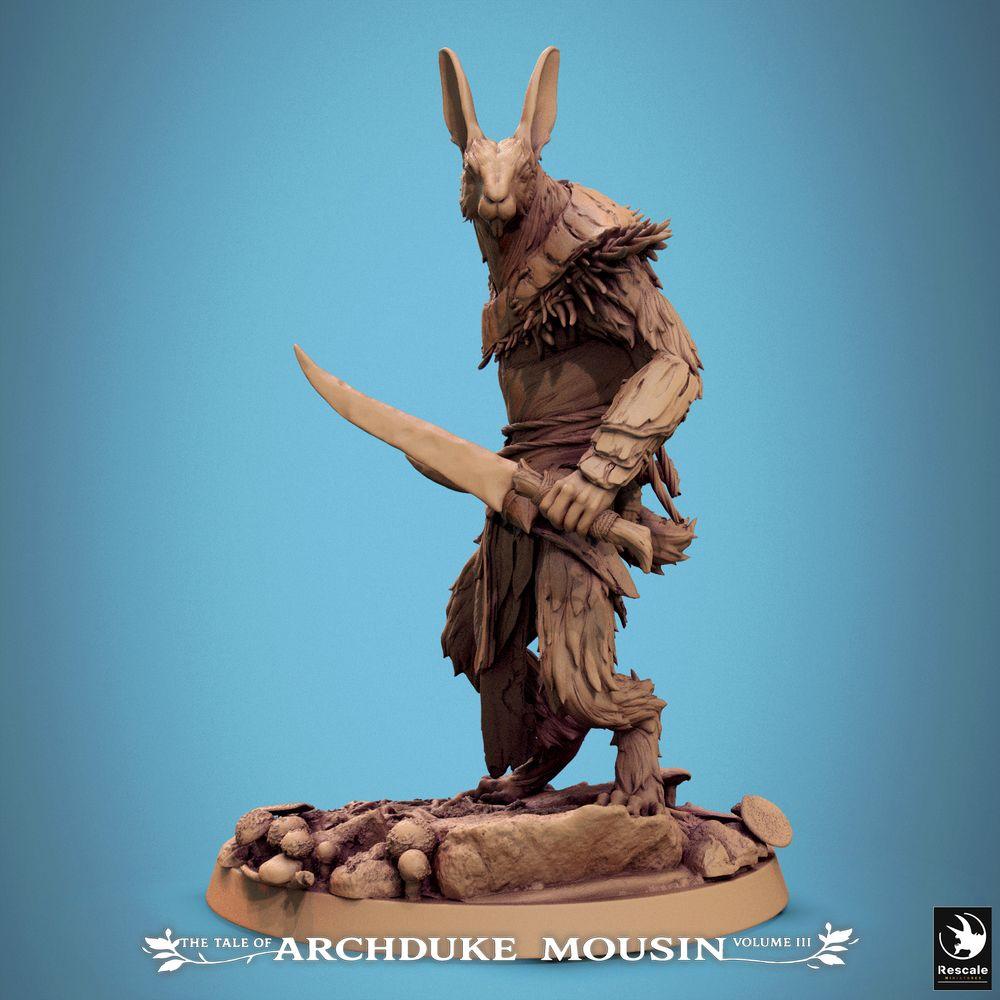 Produktfoto Tabletop 28mm Lord of the Print (LotP) 0: Fantasy Figur: Anthropomorpher Hasenkrieger - Waldläufer Ranger, Scout und Plänkler mit gekrümmtem Schwert, zweite Klinge am Gürtel (25_07_N5)