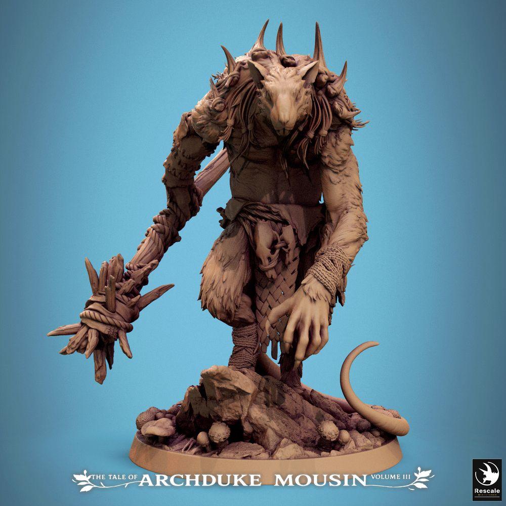 Produktfoto Tabletop 28mm Lord of the Print (LotP) 0: Tabletop Miniatur: Rattenmensch Kriegsherr mit Stachelkeule, Warlord - Bestienkrieger Barbar, Stammes-Champion, Monster-Boss für Skirmish und Dungeon (25_07_O9)