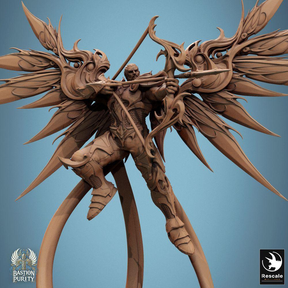 Produktfoto Tabletop 28mm Lord of the Print (LotP) 0: Tabletop Miniatur: Himmlischer Bogenschütze - Engelskrieger mit Flügeln (Aurelian Skyblade Bow), geflügelter Paladin/Fernkämpfer in dynamischer Flugpose mit Diorama-Base (24_09_B1)