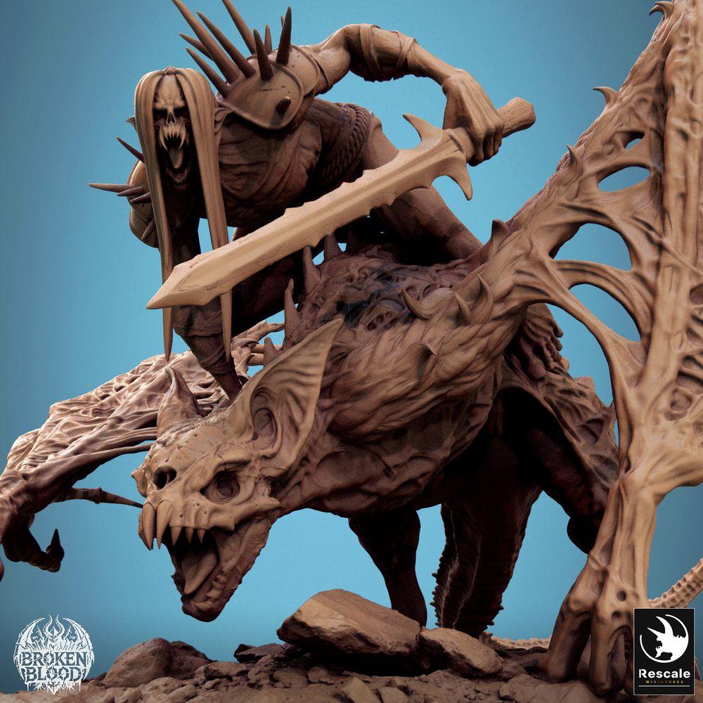 Produktfoto Tabletop 28mm Lord of the Print (LotP) 2: Tabletop Miniatur: Untoter Drachenreiter auf Knochendrache, Todesritter Death Knight mit Zweihänder, Lich-Lord Nekromant, Boss-Monster (24_11_D3)