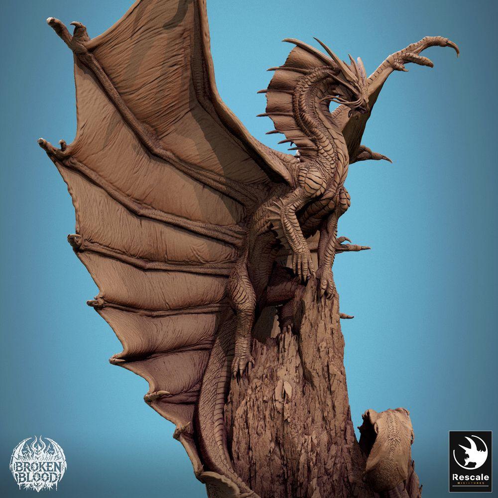 Produktfoto Tabletop 28mm Lord of the Print (LotP) 3: Tabletop Miniatur: Goldener Drache / Gold Dragon - Drachenältester Urdrache, legendäres Bossmonster mit ausgebreiteten Schwingen auf Felsnadel (24_11_A3)