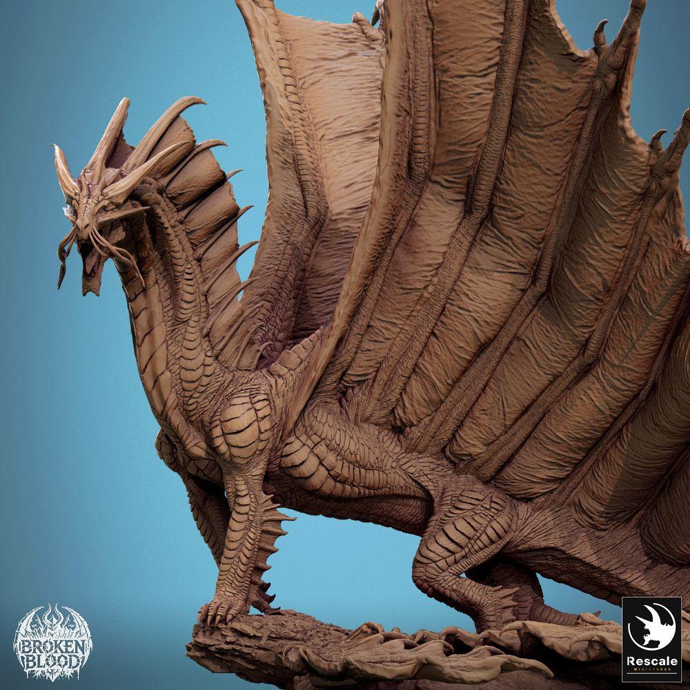 Produktfoto Tabletop 28mm Lord of the Print (LotP) 3: Tabletop Miniatur: Antiker Großdrache Wyrm, Lindwurm - Gold Dragon, Bossmonster Großfigur, brüllend mit gespreizten Flügeln auf felsigem Base (24_11_A7)