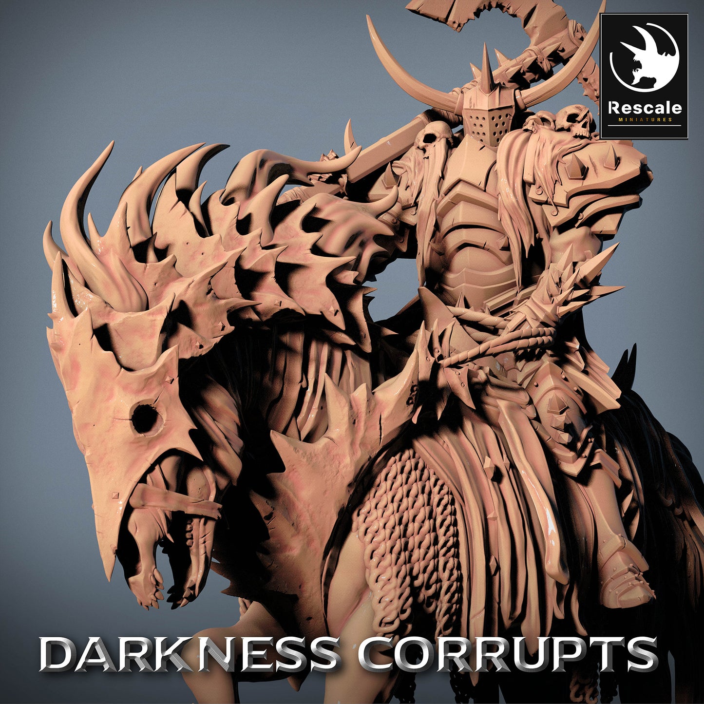 Produktbild 4 von 4: Tabletop Miniatur: Dämonenkrieger Höllenritter Hell Knight mit Zweihand-Kriegsaxt und Stachelschild, Plattenrüstung mit Hörnerhelm, dunkler Kriegsherr/Champion, Warband-Anführer, Boss-Miniatur (23_07_D4)