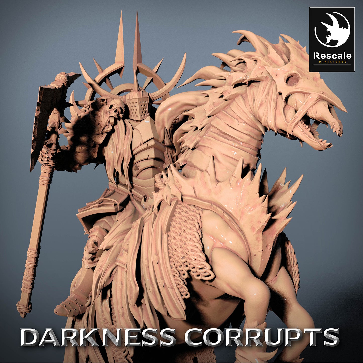 Produktbild 4 von 4: Tabletop Miniatur: Höllenreiter - dämonische Kavallerie, Dunkler Ritter/Todesritter auf alptraumhaftem Bestienross mit Zweihandhammer, Warlord/Champion Charaktermodell (23_07_D3)
