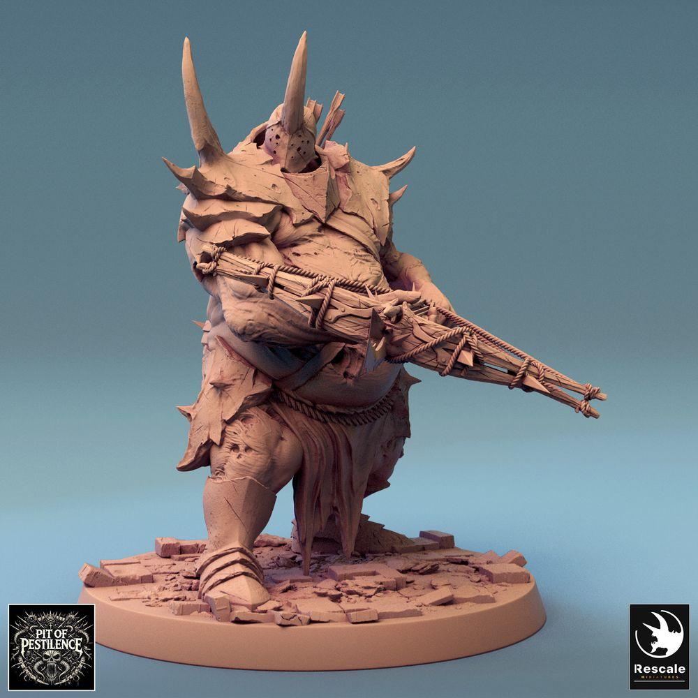 Produktfoto Tabletop 28mm Lord of the Print (LotP) 0: Tabletop Miniatur: Oger-Armbrustschütze - Mutanten-Brute, verderbter Champion, Fernkampf-Monster mit schwerem Harpunengewehr, dornenbewehrter Plattenrüstung und gehörntem Helm (24_08_D8)