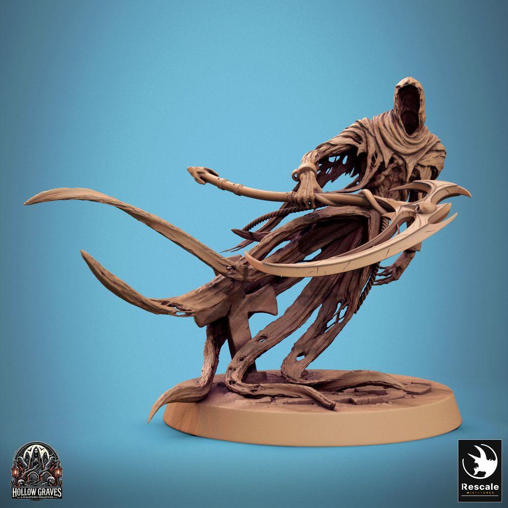 Produktfoto Tabletop 28mm Lord of the Print (LotP) 0: Fantasy Miniatur: Spektraler Sensenmann - Klingenwraith, Geisterkrieger mit Doppelklingen‑Stangenwaffe in dynamischer Ansturm‑Pose, Boss‑Modell/Elite‑Anführer (24_10_A8)