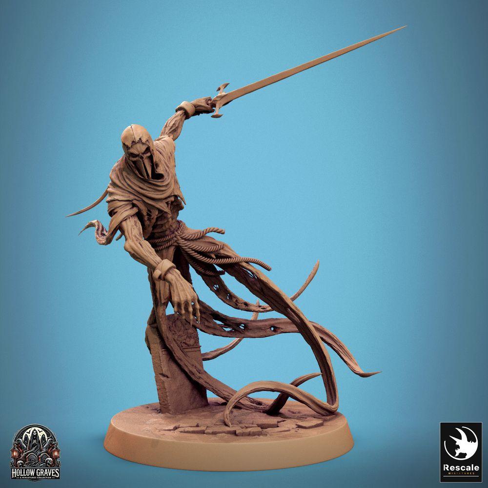 Produktfoto Tabletop 28mm Lord of the Print (LotP) 0: Tabletop Miniatur: Maskierter Wraith, spektraler Schwertkämpfer und untoter Assassine mit langer Klinge, zerrissene Roben, dynamische Pose auf Ruinen-Base (24_10_B3)