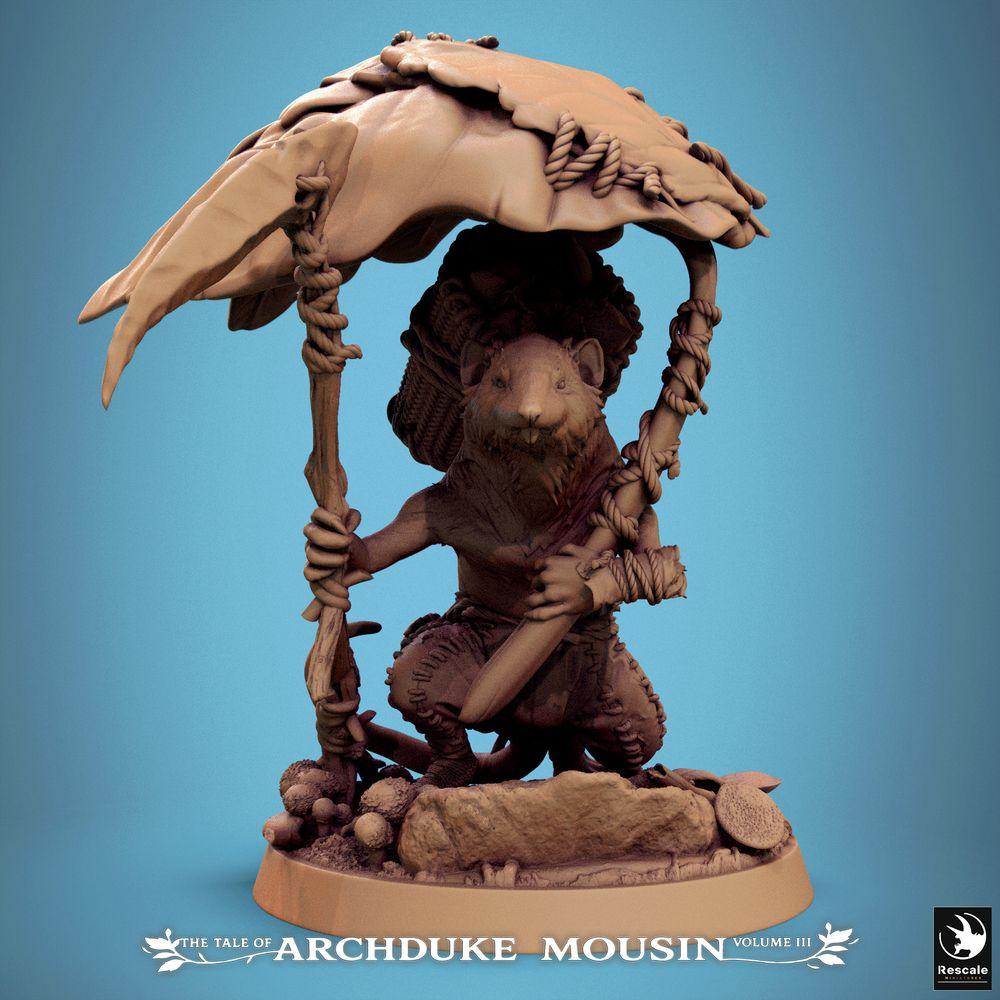 Produktfoto Tabletop 28mm Lord of the Print (LotP) 0: Tabletop Miniatur: Mäusemensch Waldläufer / Späher unter Pilzschirm, Abenteurer mit kurzer Klinge, Fallensteller & Kräuterkundiger, mit Waldboden-Scenic-Base (25_07_Q3)