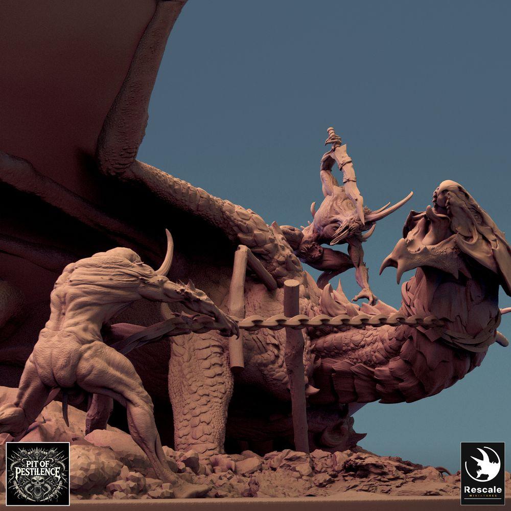 Produktfoto Tabletop 28mm Lord of the Print (LotP) 0: Tabletop Miniatur: Messingdrache Brass Dragon - Großdrache, Wyrm; Drachenjäger Boss-Encounter als Jagdszene mit Ketten und Speer auf Diorama-Base (24_08_A1)