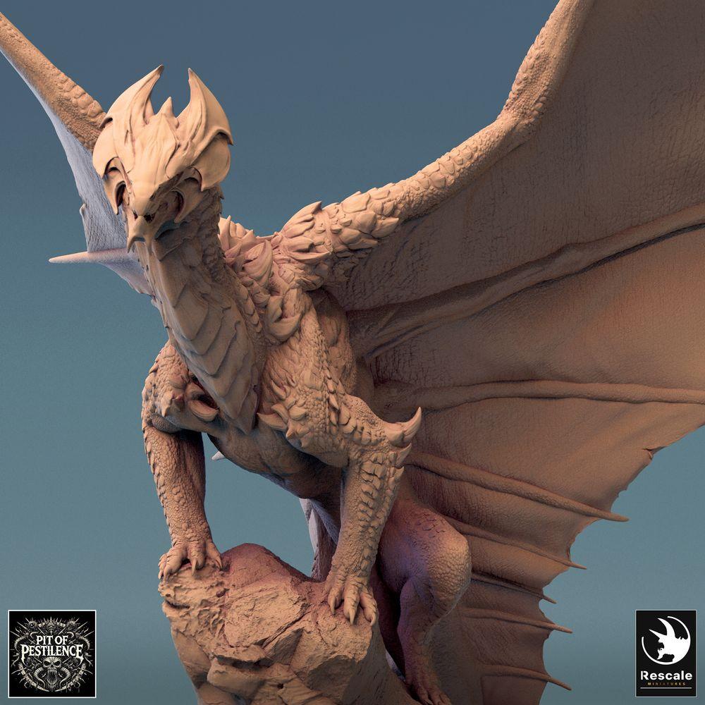 Produktfoto Tabletop 28mm Lord of the Print (LotP) 0: Tabletop Miniatur: Messingdrache Brass Dragon, Großdrache auf Fels mit ausgebreiteten Schwingen - Bossmonster, Flugkreatur, Drachenbestie, Diorama-Base (24_08_A2)