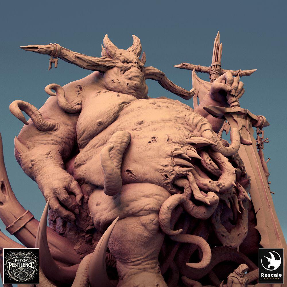 Produktfoto Tabletop 28mm Lord of the Print (LotP) 0: Tabletop Miniatur: Pestdämon Seuchenfürst, Chaos-Großdämon und Tentakel-Abomination mit Zweihandschwert und Standarten, Bossmonster (24_08_B2)