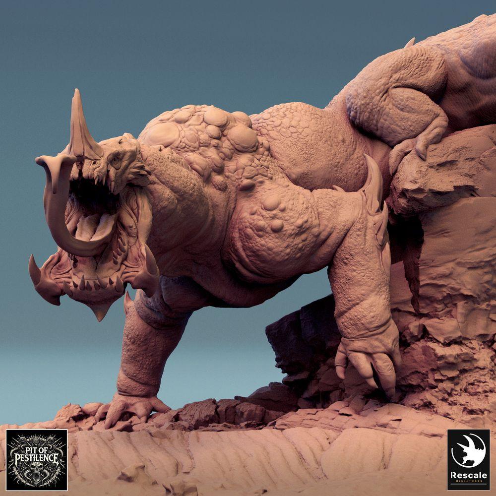 Produktfoto Tabletop 28mm Lord of the Print (LotP) 0: Tabletop Miniatur: Bestienreiter auf Echsenbestie - Barbaren-Champion mit Hellebarde, dämonisches Reittier, Bossmonster, szenische Base (24_08_C1)