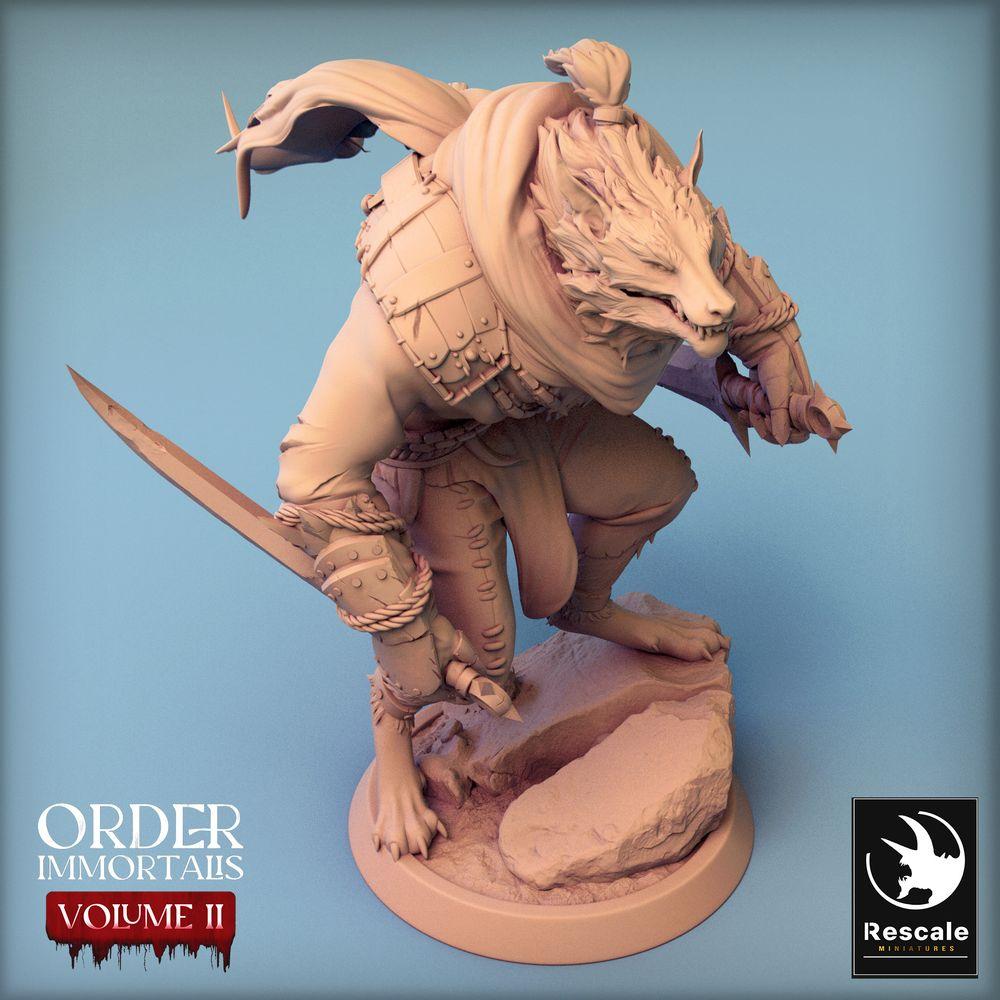Produktfoto Tabletop 28mm Lord of the Print (LotP) 0: Tabletop Miniatur: Bestienmensch / Werewolf Krieger, Raubkatzen-Assassine mit zwei Krummsäbeln, Gnoll Räuber in Parierhaltung (24_02_C7)