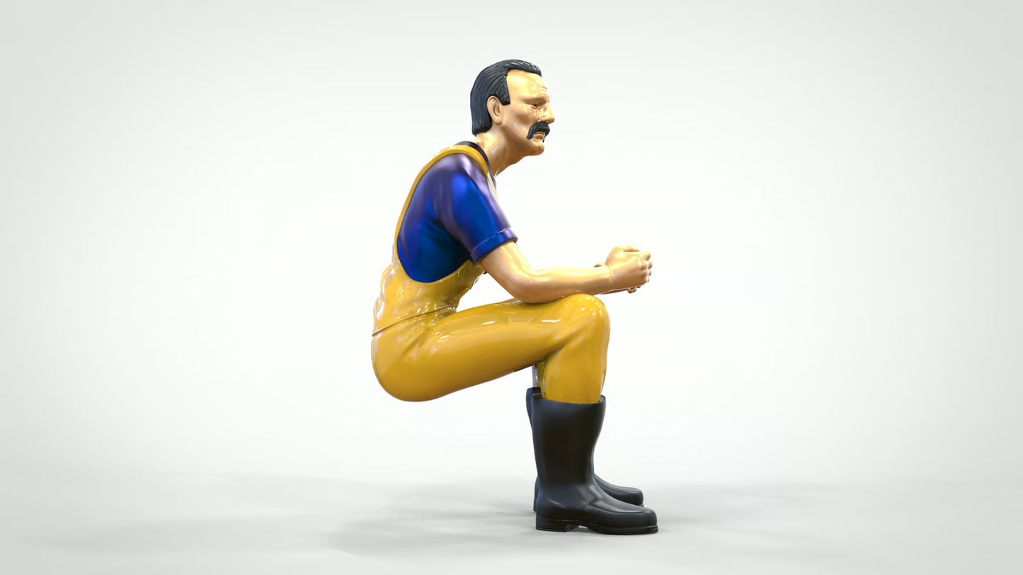 Diorama Modellbau Produktfoto 0: Sitzender Fischer mit Bart – Figur in Ölzeug und Gummistiefeln (Ref. Nr. 443)