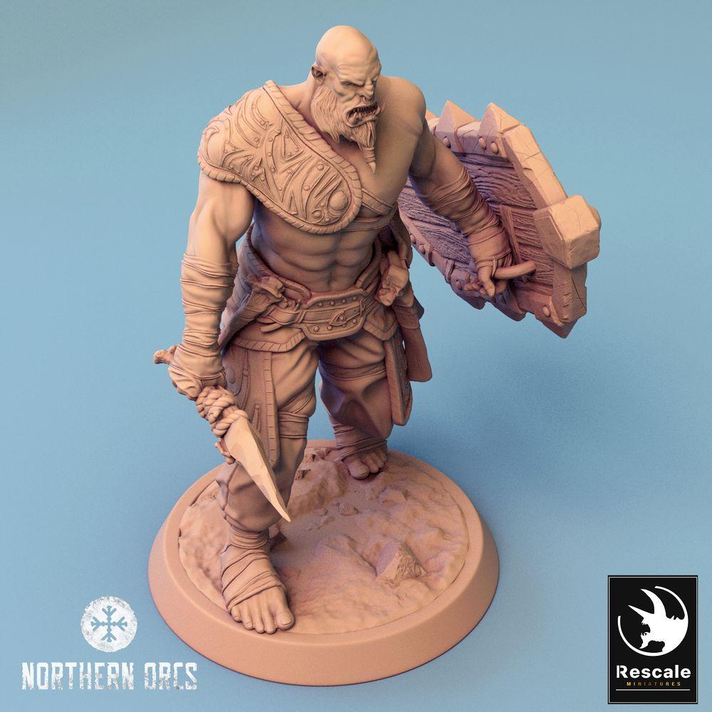 Produktfoto Tabletop 28mm Lord of the Print (LotP) 0: Tabletop Miniatur: Ork Krieger mit Schild - Schildkämpfer, Frontkämpfer - Orc Warrior Shieldbearer (24_04_G2)