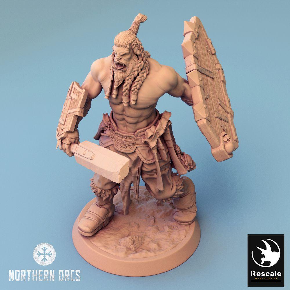 Produktfoto Tabletop 28mm Lord of the Print (LotP) 0: Tabletop Miniatur: Ork / Orc Krieger - brüllender Barbar mit Großschwert und Schild, Berserker (24_04_J1)