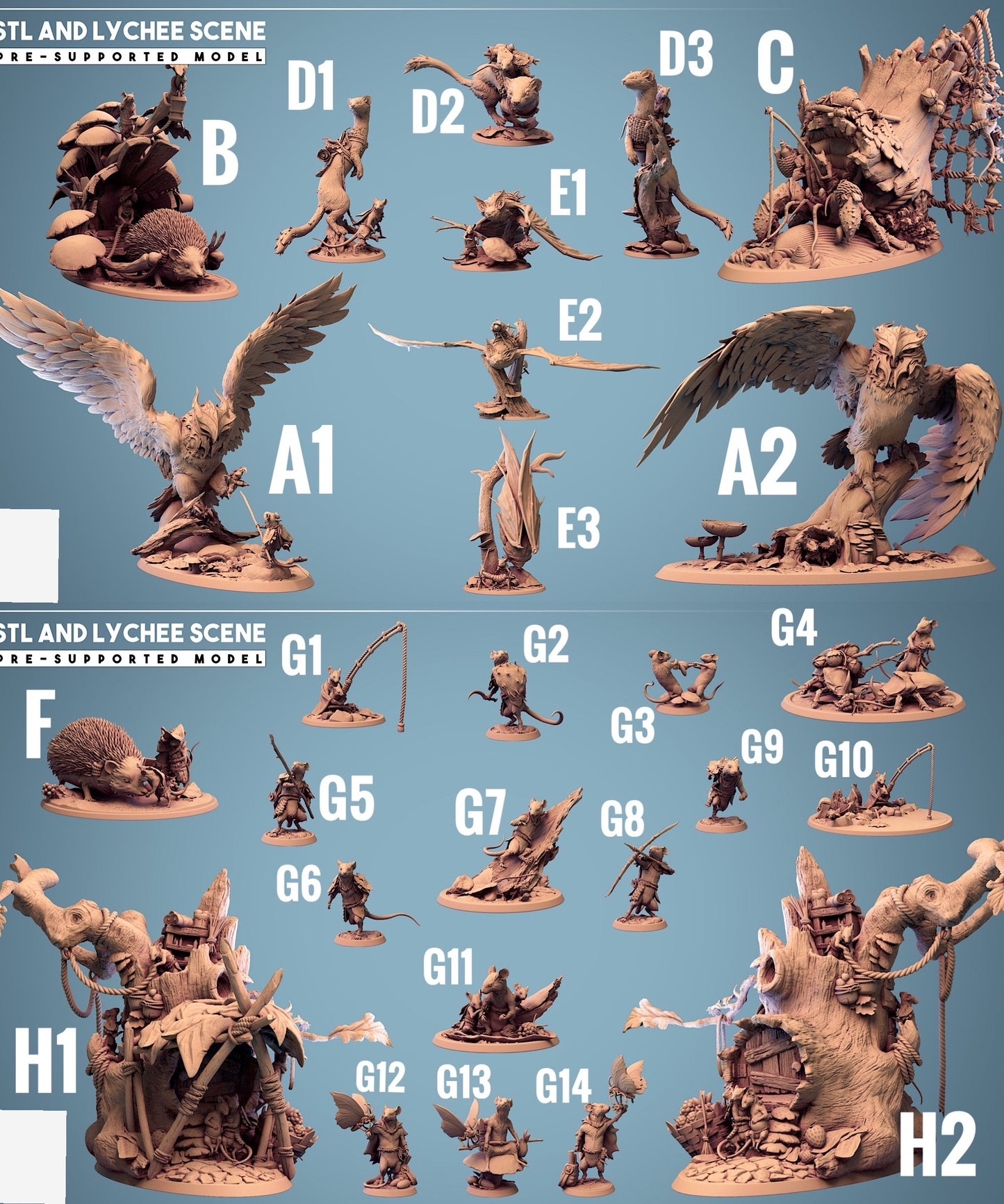 Produktbild 4 von 4: Tabletop Miniatur: Fantasy Tierfolk Maus Waldläufer & Insektenbote mit Motte, Kundschafter/Druide mit Stab, Schneckenreiter auf Pilz (23_11_G13)
