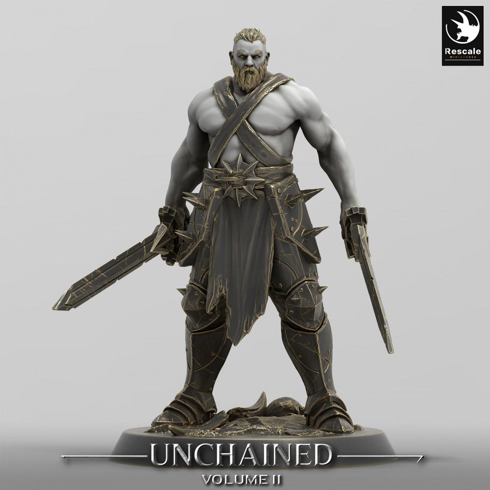 Produktfoto Tabletop 28mm Lord of the Print (LotP) 0: Fantasy Figur: Entfesselter Barbar, Gladiator, Zweiwaffenkämpfer mit zwei Kurzschwertern - Unchained Warrior (24_05_C18)