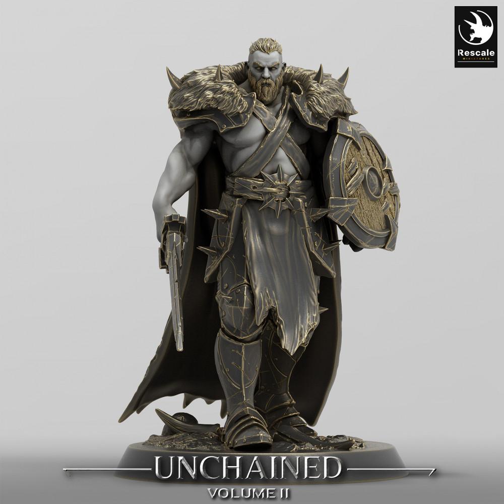 Produktfoto Tabletop 28mm Lord of the Print (LotP) 0: Fantasy Figur: Barbarischer Krieger / Schildkämpfer, Warlord, Söldnerhauptmann mit Rundschild und Handkanone (24_05_C20)