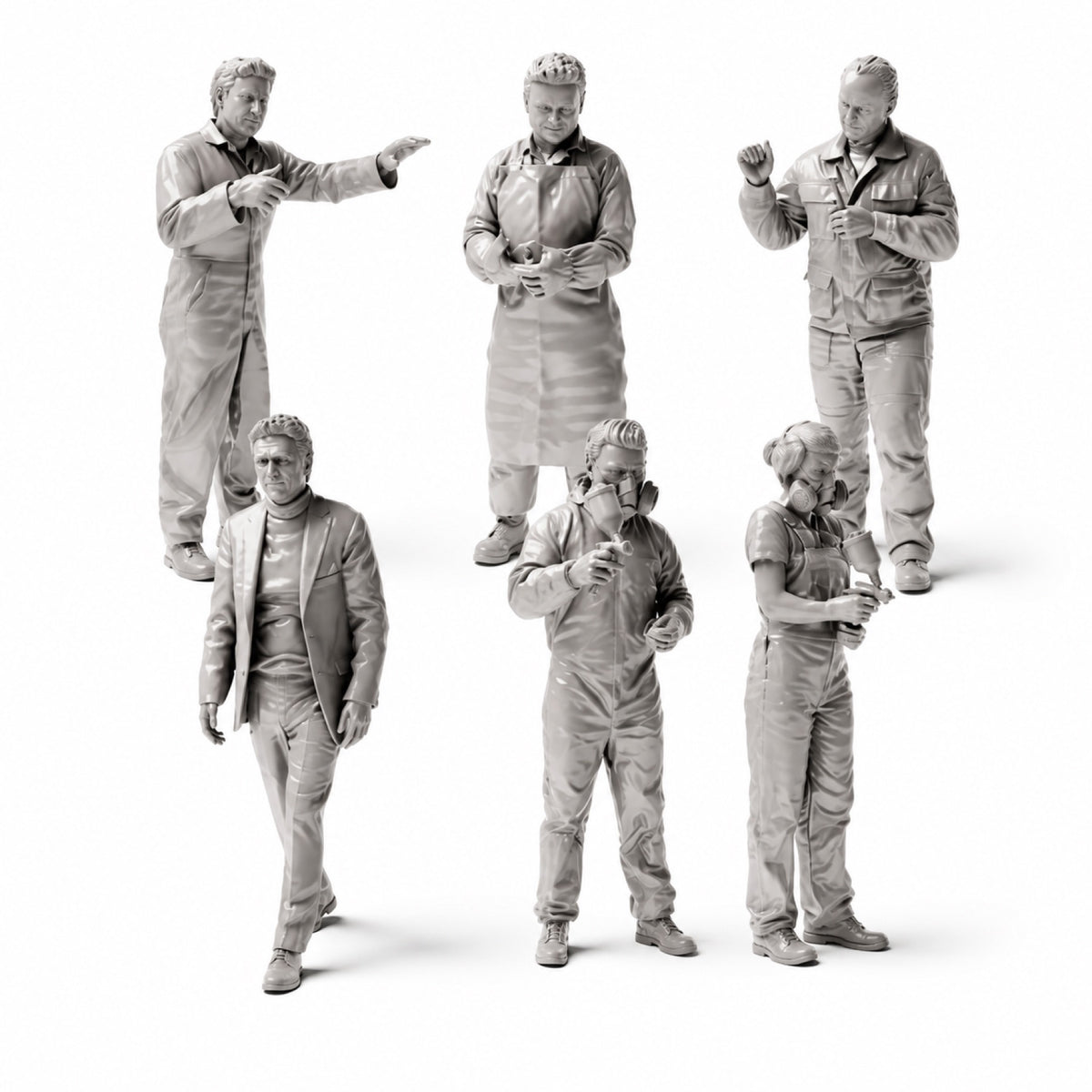 Diorama Modellbau Produktfoto 1: Diorama Figuren-Set: Autolackiererei und Karosseriewerkstatt Figuren-Set (Nr. S48) - 6 Figuren
