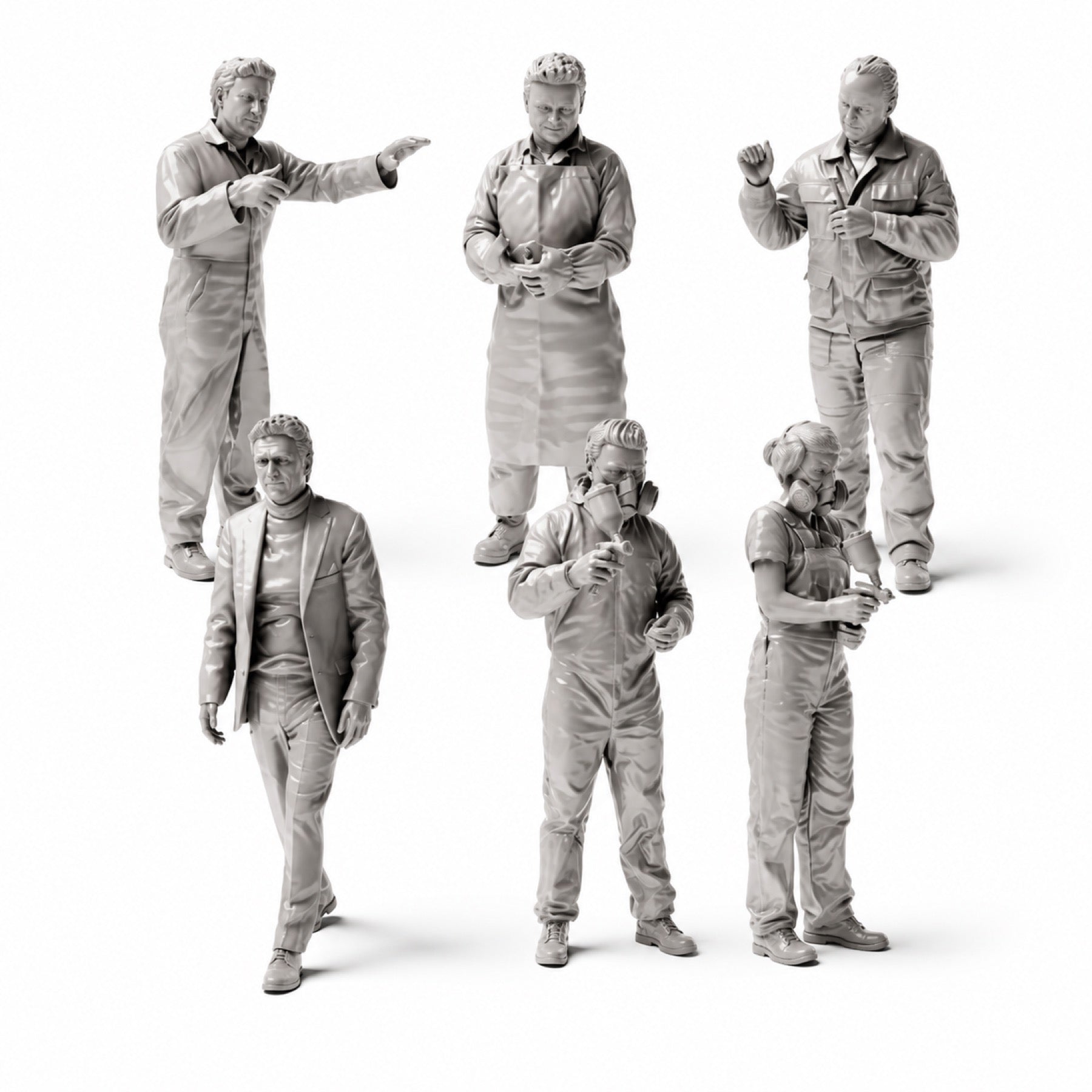 Diorama Modellbau Produktfoto 1: Diorama Figuren-Set: Autolackiererei und Karosseriewerkstatt Figuren-Set (Nr. S48) - 6 Figuren