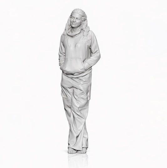 Diorama Modellbau Produktfoto 0: Stehende Figur: Frau mit Freizeitkleidung, barfuß, Hände in Taschen (B012)