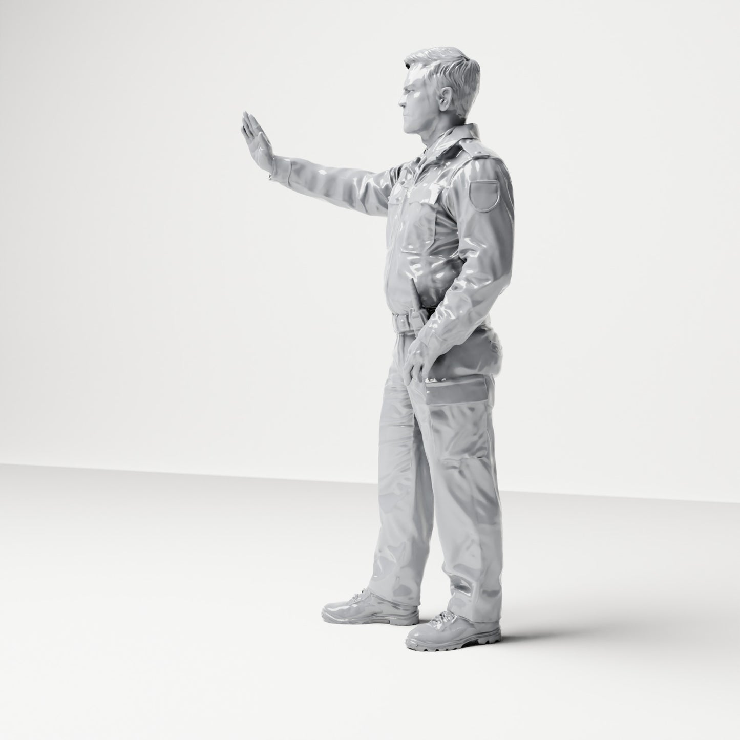 Diorama Modellbau Produktfoto 1: Stehende Figur: Deutscher Polizist in Uniform mit Anhaltegeste & Ausrüstungsgürtel (B018)