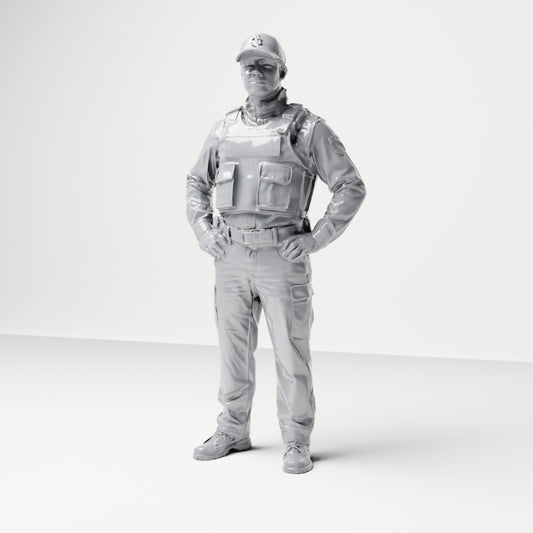 Diorama Modellbau Produktfoto 0: Stehende Figur: Polizist mit Kappe & Schutzweste (B022)