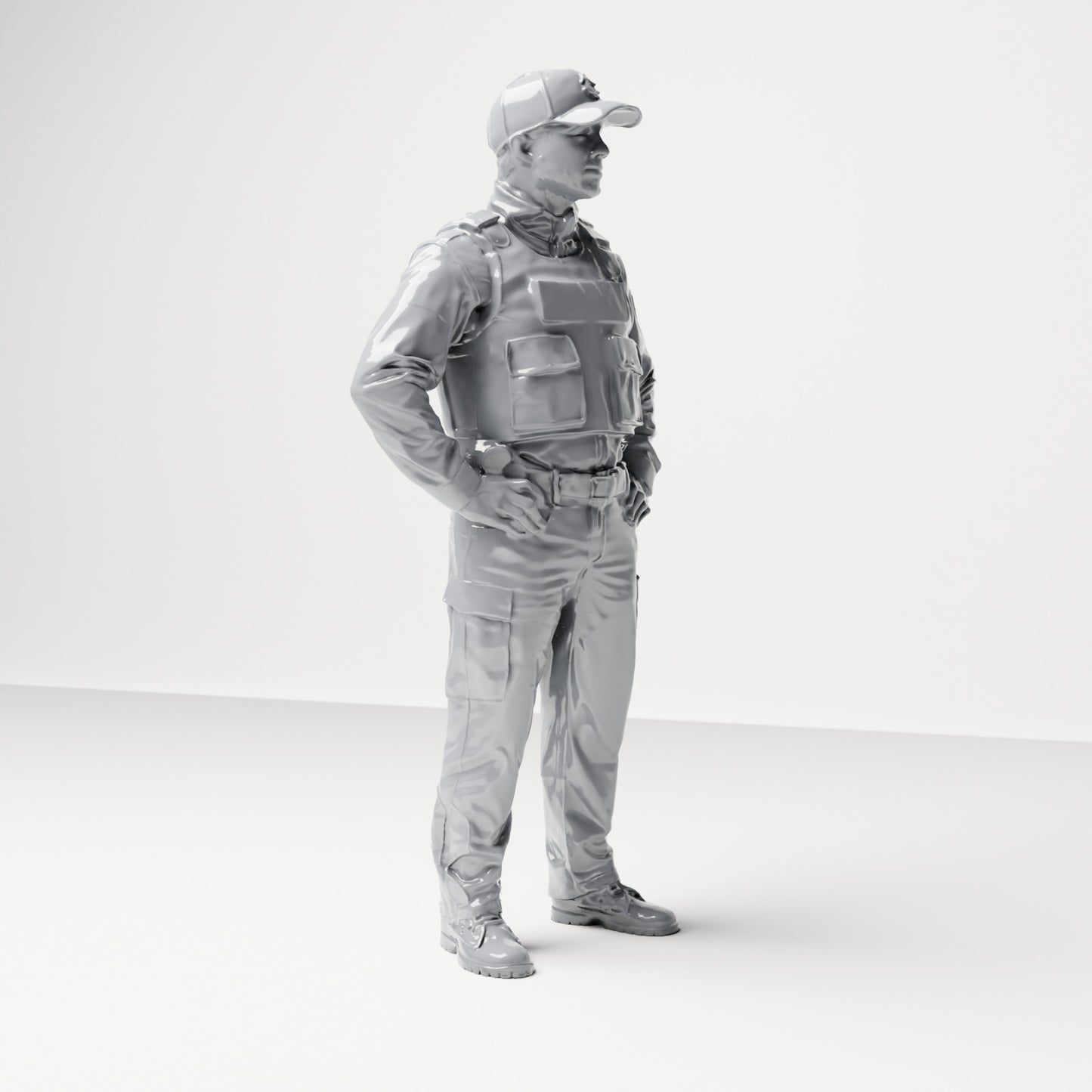 Diorama Modellbau Produktfoto 3: Stehende Figur: Polizist mit Kappe & Schutzweste (B022)