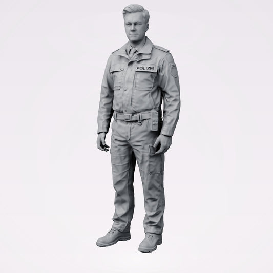 Diorama Modellbau Produktfoto 0: Stehende Figur: Polizeibeamte/r in moderner deutscher Uniform mit POLIZEI-Aufschrift (B025)