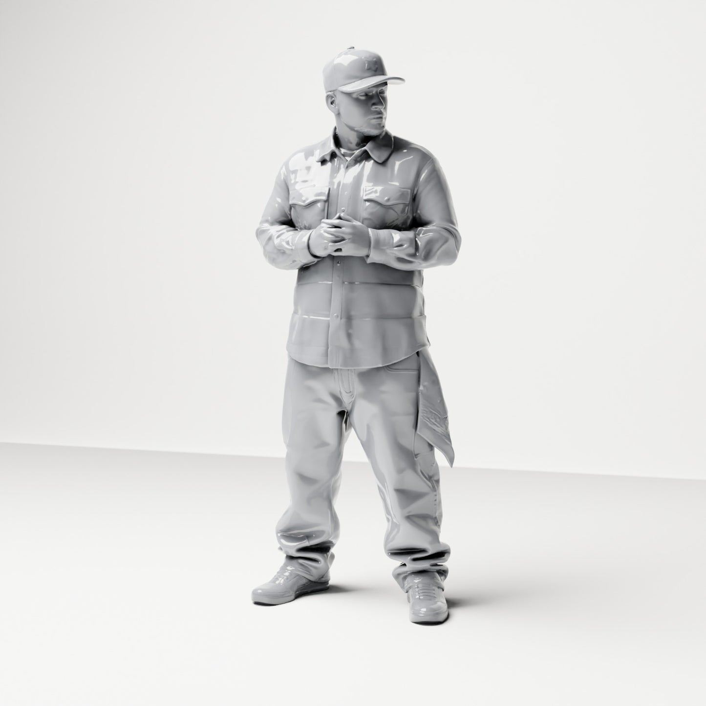 Diorama Modellbau Produktfoto 0: Stehende Figur: Mann mit Kappe & gefalteten Händen, Hemd mit Brusttaschen, Tuch in Tasche (B030)