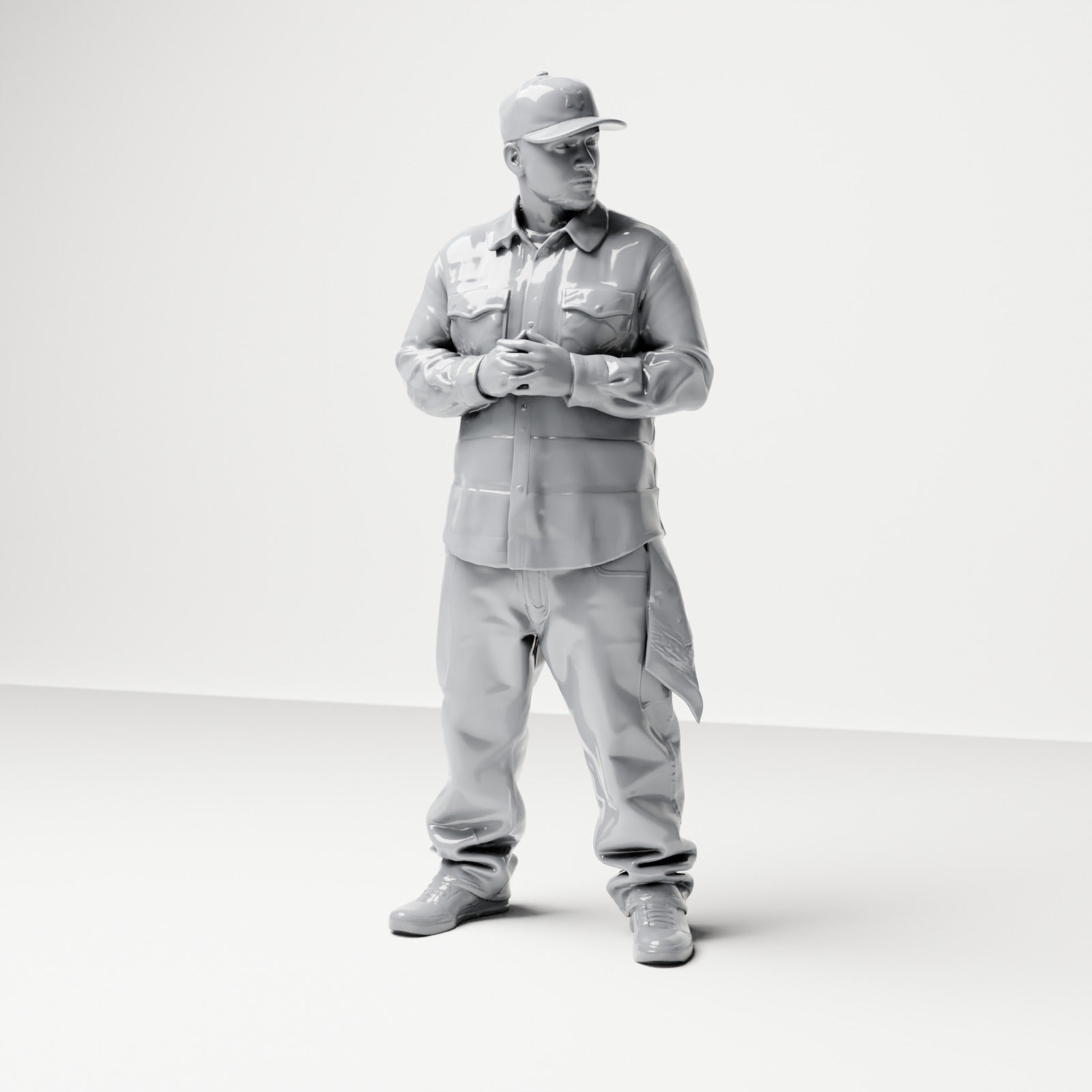 Diorama Modellbau Produktfoto 0: Stehende Figur: Mann mit Kappe & gefalteten Händen, Hemd mit Brusttaschen, Tuch in Tasche (B030)
