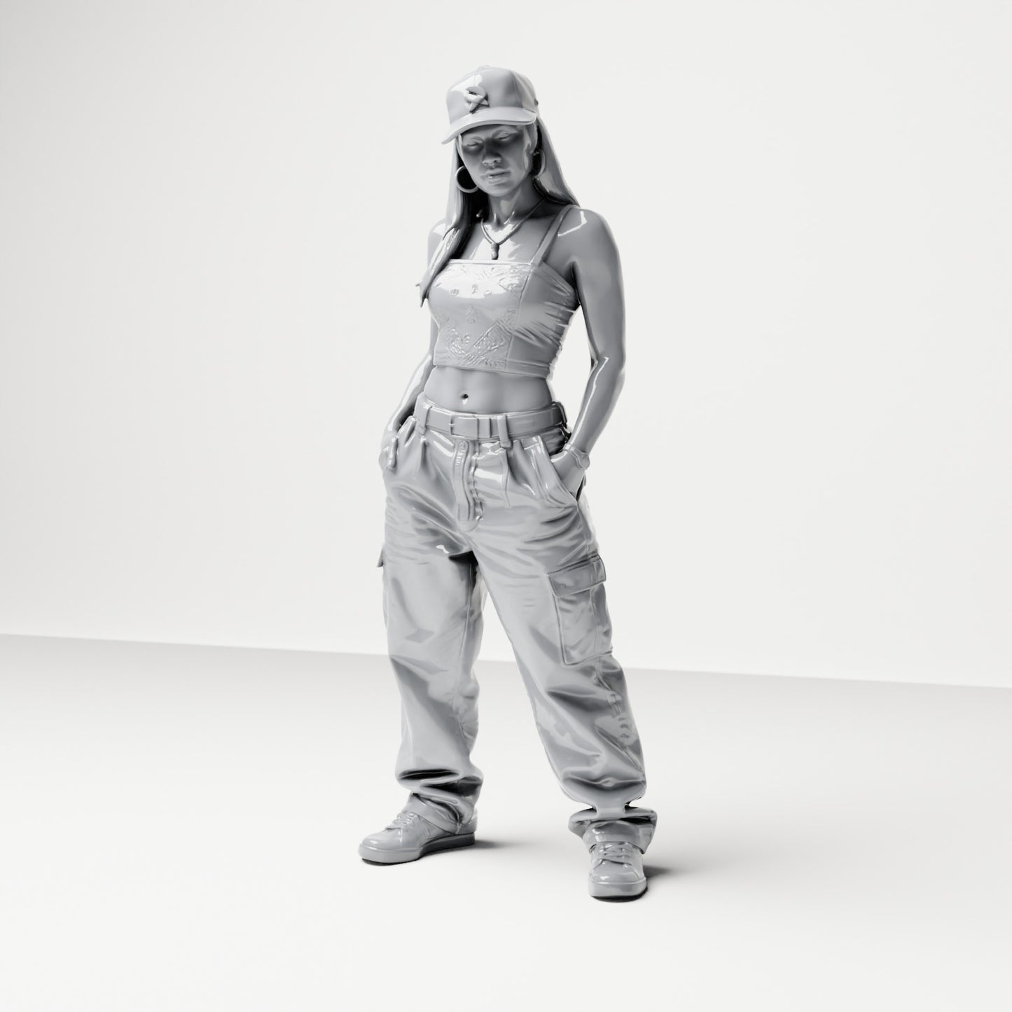 Diorama Modellbau Produktfoto 0: Stehende Figur: Frau mit Basecap, bauchfreiem Top & Cargo-Hose, Hände in Hosentaschen (B031)