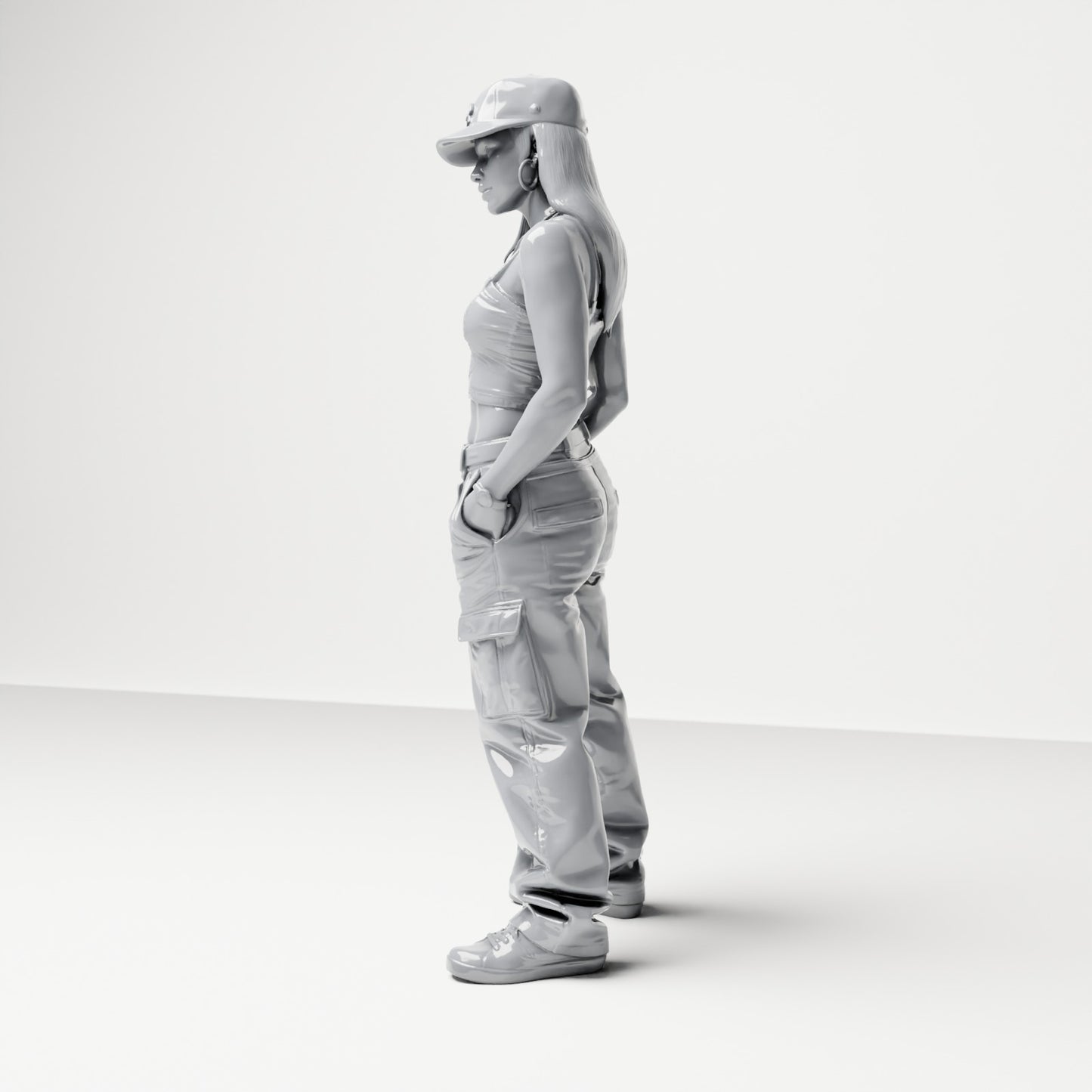 Diorama Modellbau Produktfoto 1: Stehende Figur: Frau mit Basecap, bauchfreiem Top & Cargo-Hose, Hände in Hosentaschen (B031)