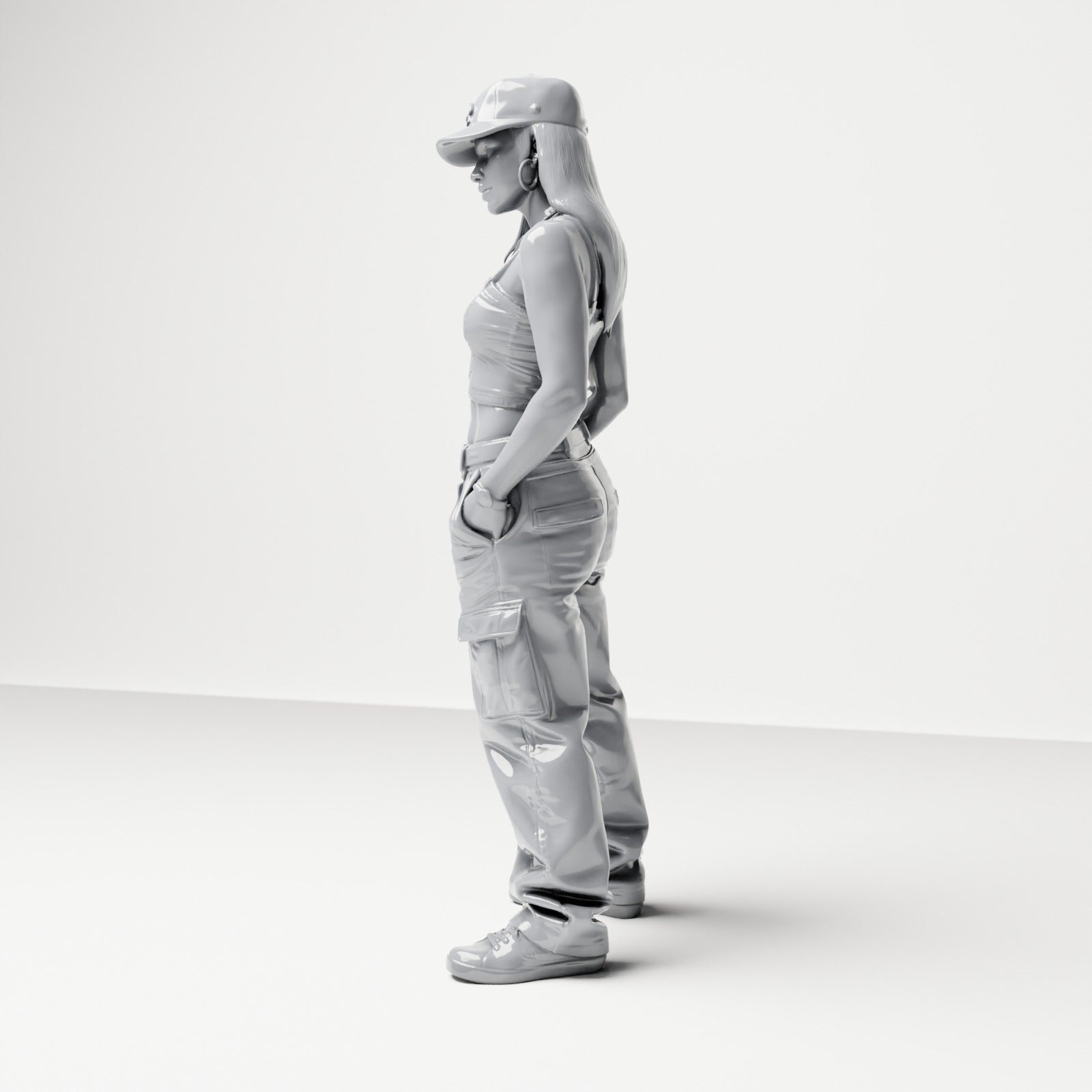 Diorama Modellbau Produktfoto 1: Stehende Figur: Frau mit Basecap, bauchfreiem Top & Cargo-Hose, Hände in Hosentaschen (B031)