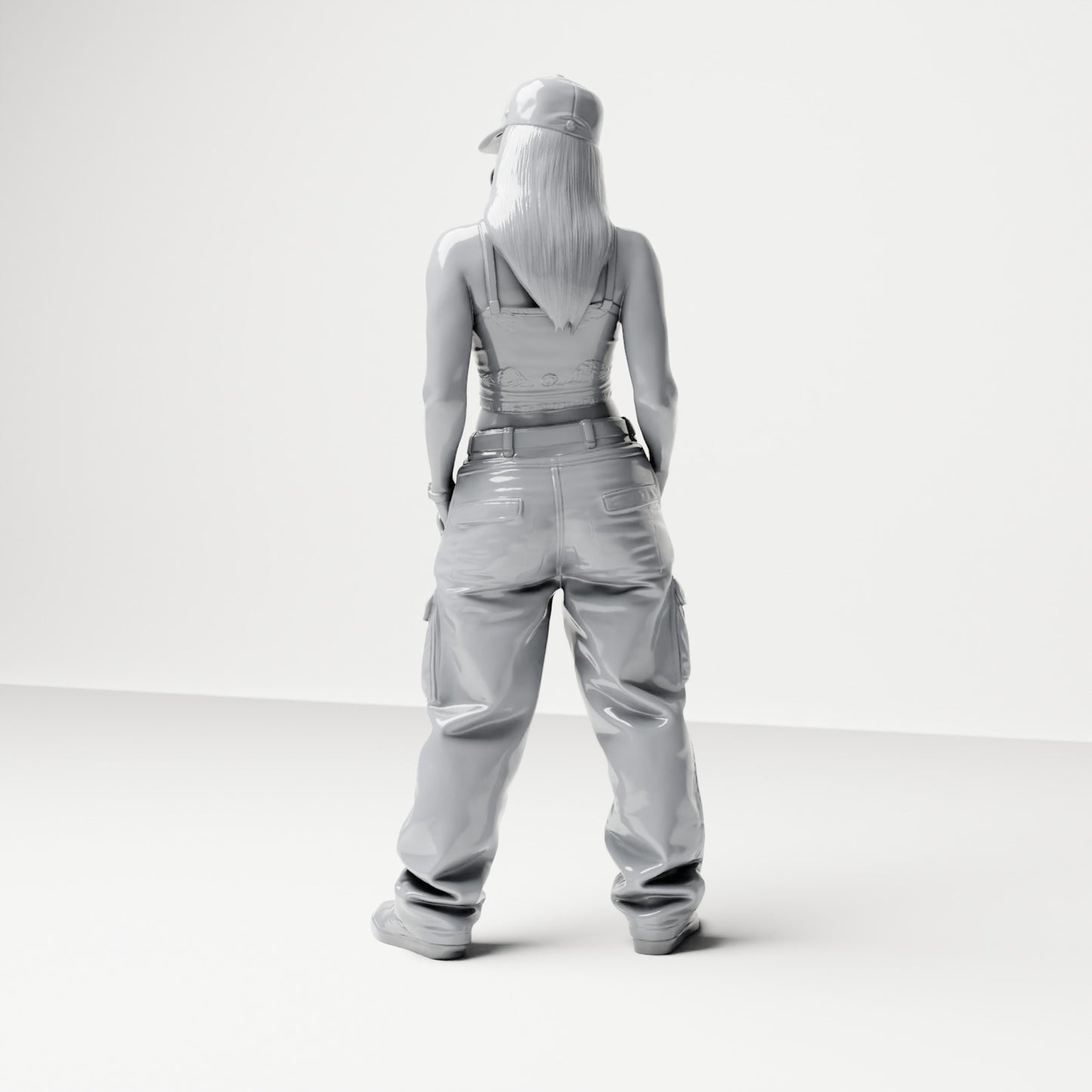 Diorama Modellbau Produktfoto 2: Stehende Figur: Frau mit Basecap, bauchfreiem Top & Cargo-Hose, Hände in Hosentaschen (B031)