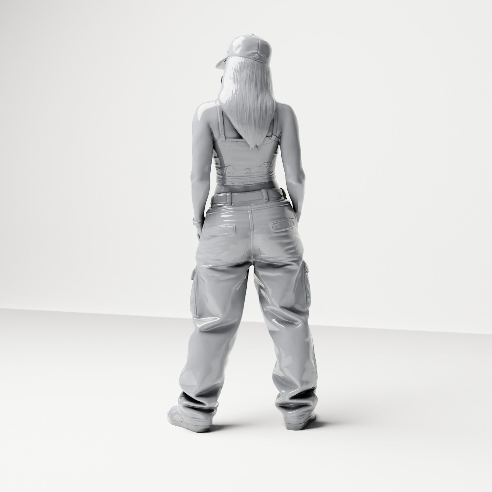 Diorama Modellbau Produktfoto 2: Stehende Figur: Frau mit Basecap, bauchfreiem Top & Cargo-Hose, Hände in Hosentaschen (B031)