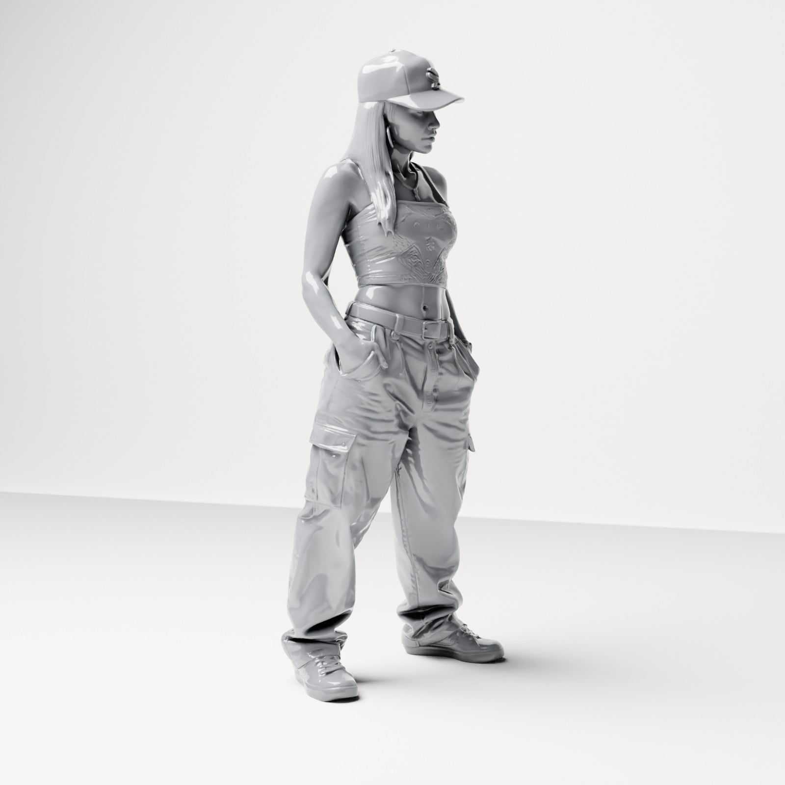 Diorama Modellbau Produktfoto 3: Stehende Figur: Frau mit Basecap, bauchfreiem Top & Cargo-Hose, Hände in Hosentaschen (B031)