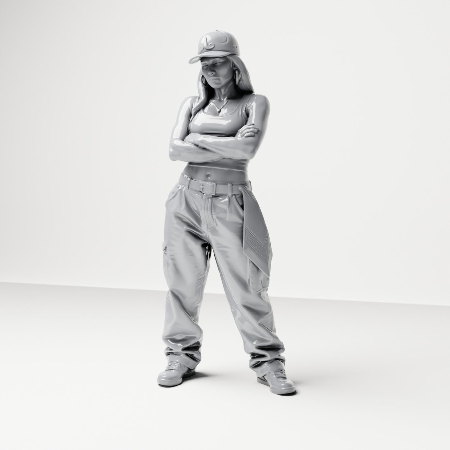 Diorama Modellbau Produktfoto 0: Stehende Figur: Person mit Basecap, kurzem Top, weiter Hose & Sneakers, Arme verschränkt (B033)