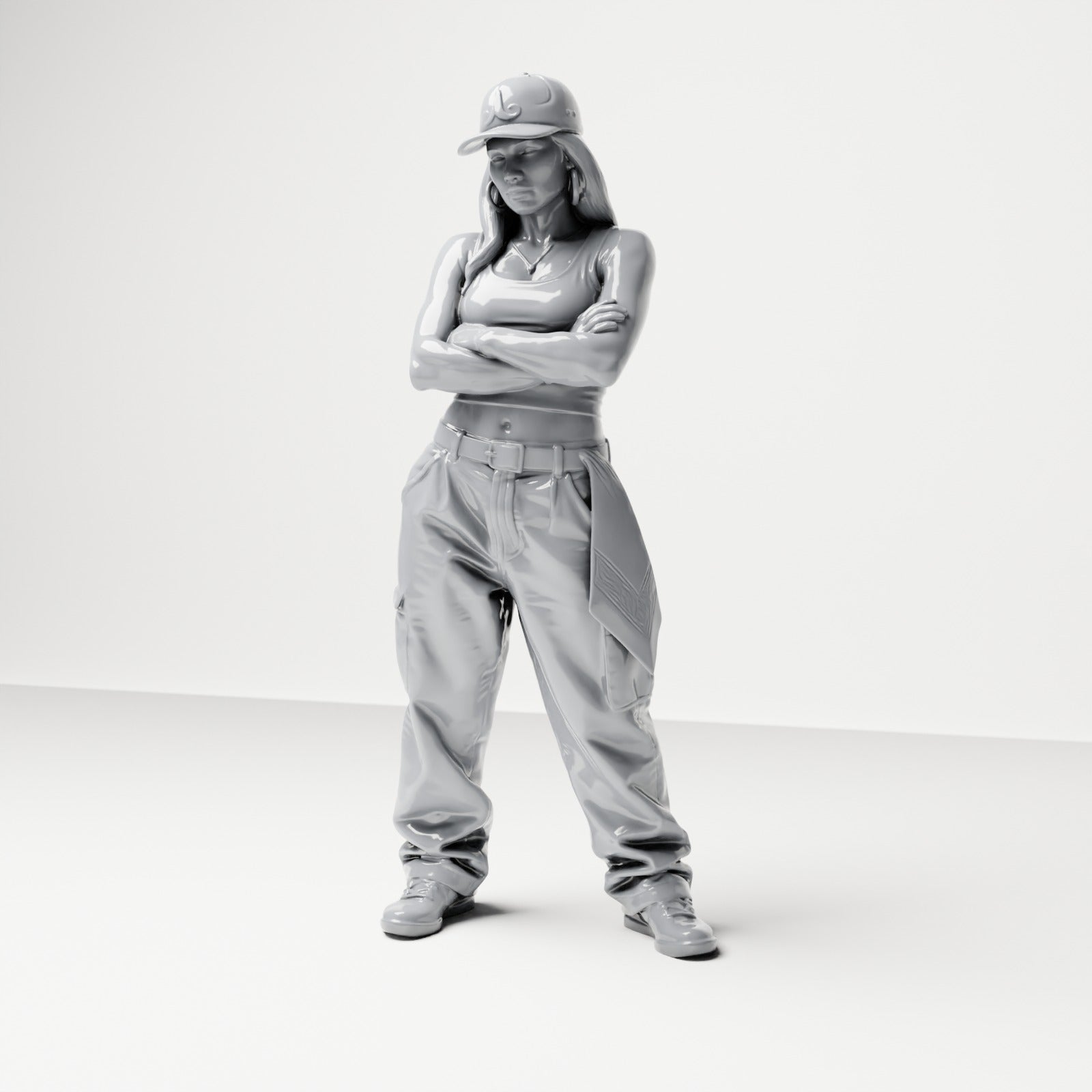Diorama Modellbau Produktfoto 0: Stehende Figur: Person mit Basecap, kurzem Top, weiter Hose & Sneakers, Arme verschränkt (B033)