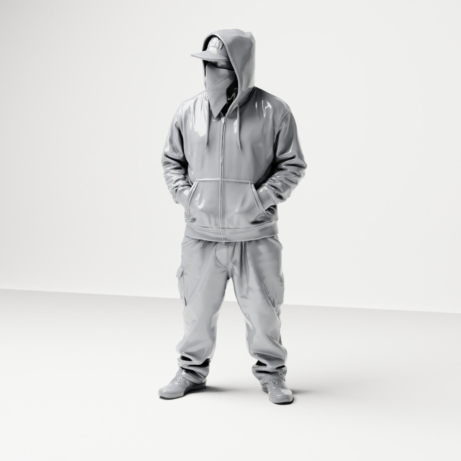 Diorama Modellbau Produktfoto 0: Stehende Figur: Person mit Kapuzenjacke, Basecap & Gesichtstuch, Hände in den Taschen (B034)
