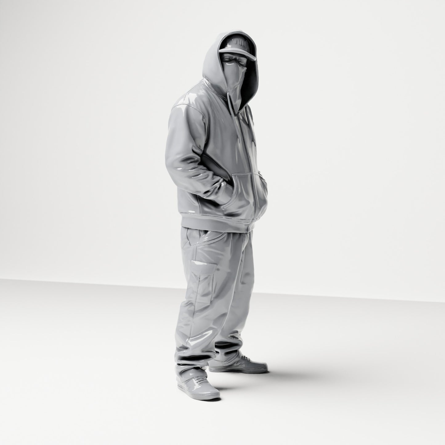 Diorama Modellbau Produktfoto 3: Stehende Figur: Person mit Kapuzenjacke, Basecap & Gesichtstuch, Hände in den Taschen (B034)